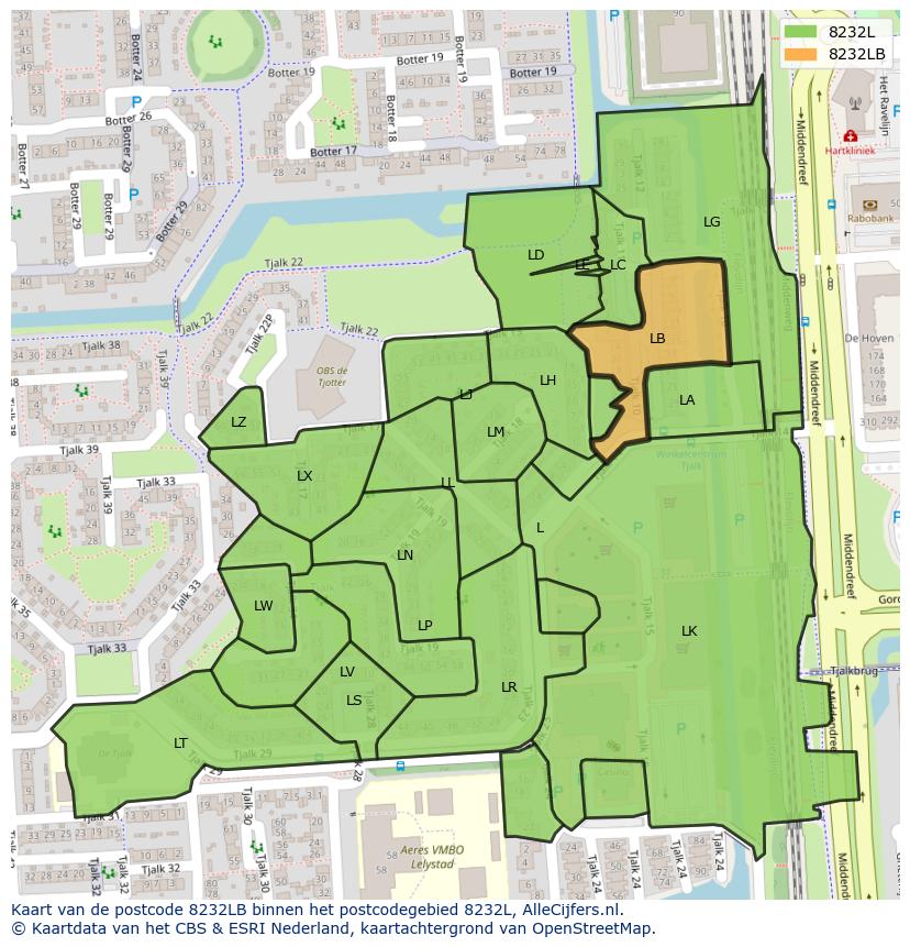 Afbeelding van het postcodegebied 8232 LB op de kaart.