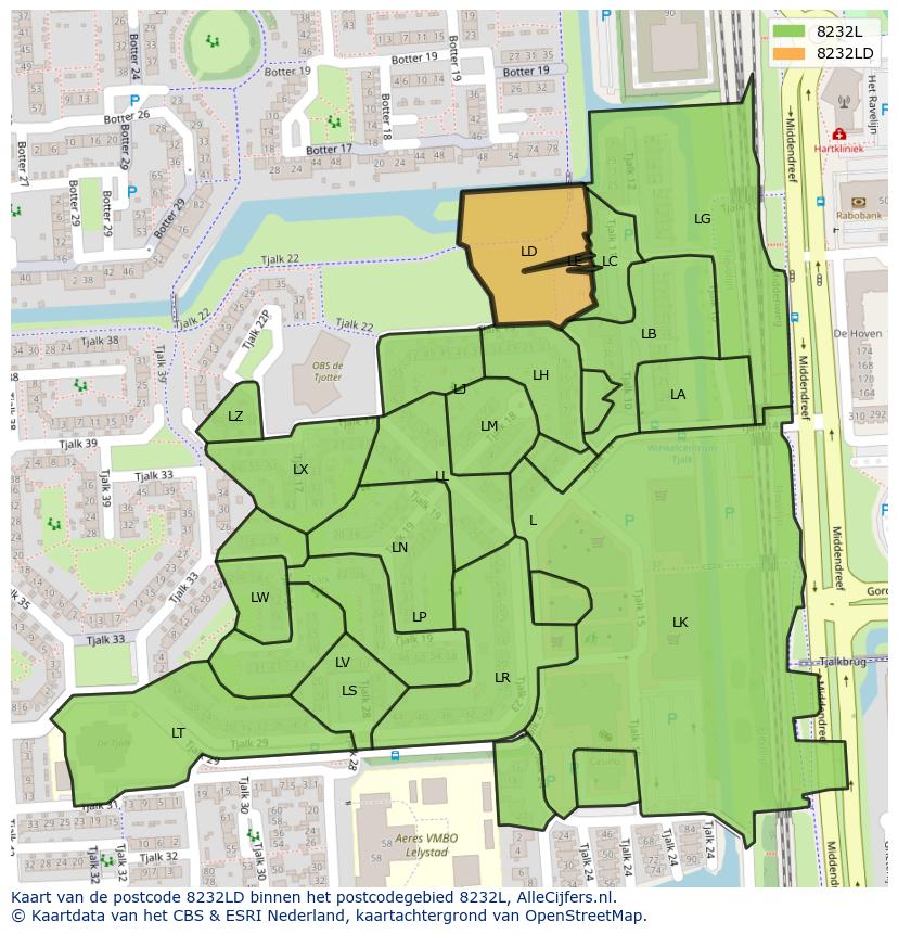 Afbeelding van het postcodegebied 8232 LD op de kaart.