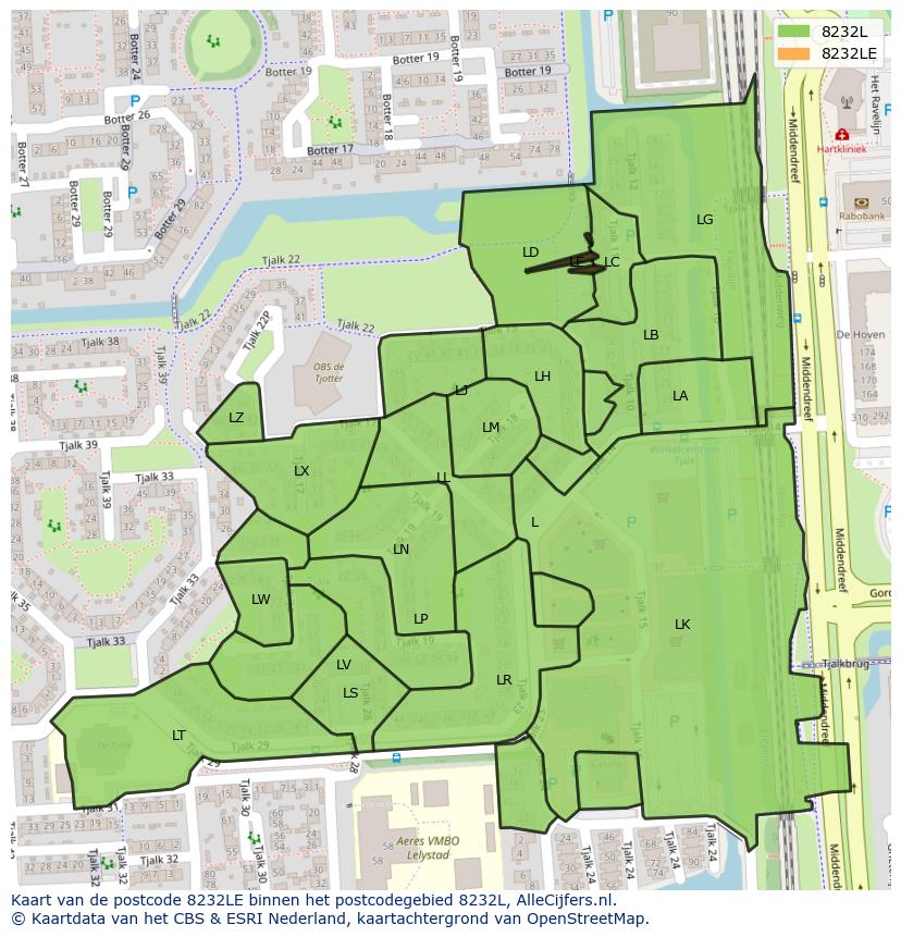 Afbeelding van het postcodegebied 8232 LE op de kaart.