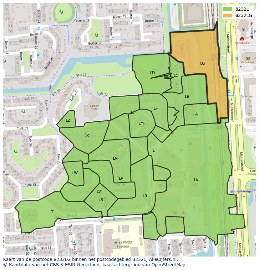Afbeelding van het postcodegebied 8232 LG op de kaart.