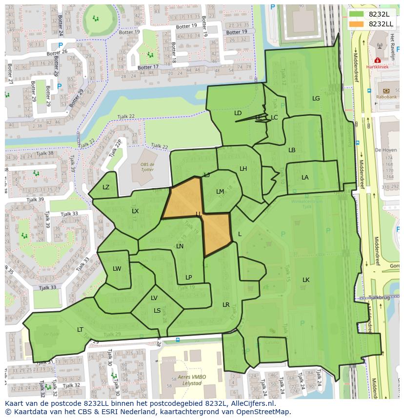 Afbeelding van het postcodegebied 8232 LL op de kaart.