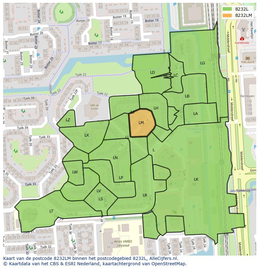 Afbeelding van het postcodegebied 8232 LM op de kaart.