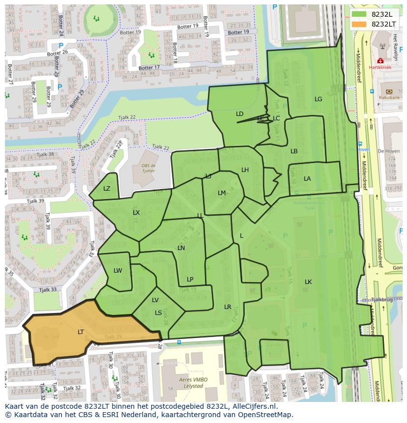 Afbeelding van het postcodegebied 8232 LT op de kaart.
