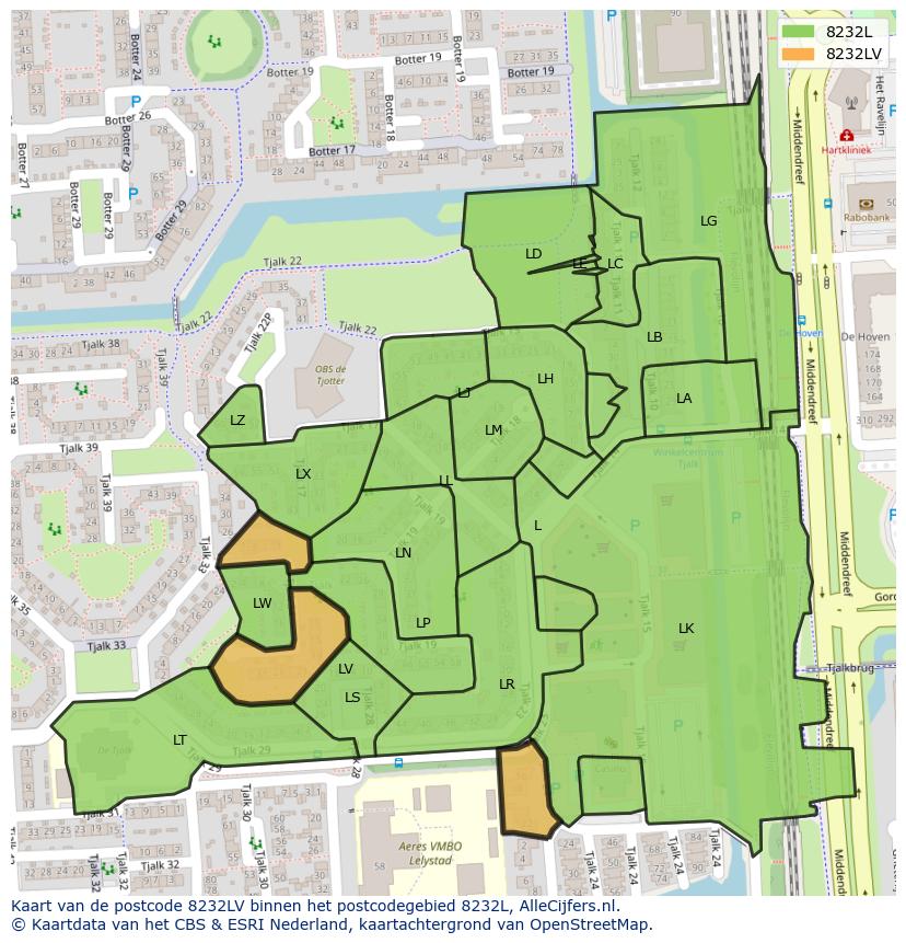 Afbeelding van het postcodegebied 8232 LV op de kaart.