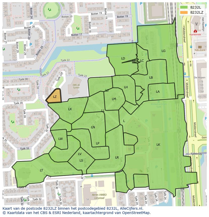 Afbeelding van het postcodegebied 8232 LZ op de kaart.