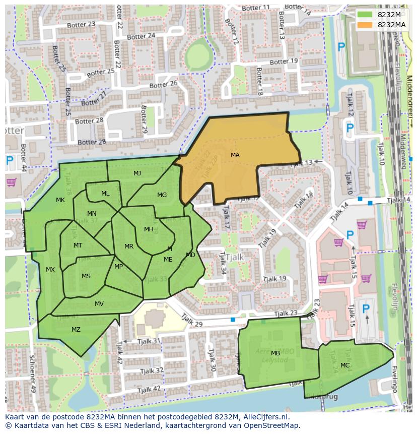 Afbeelding van het postcodegebied 8232 MA op de kaart.