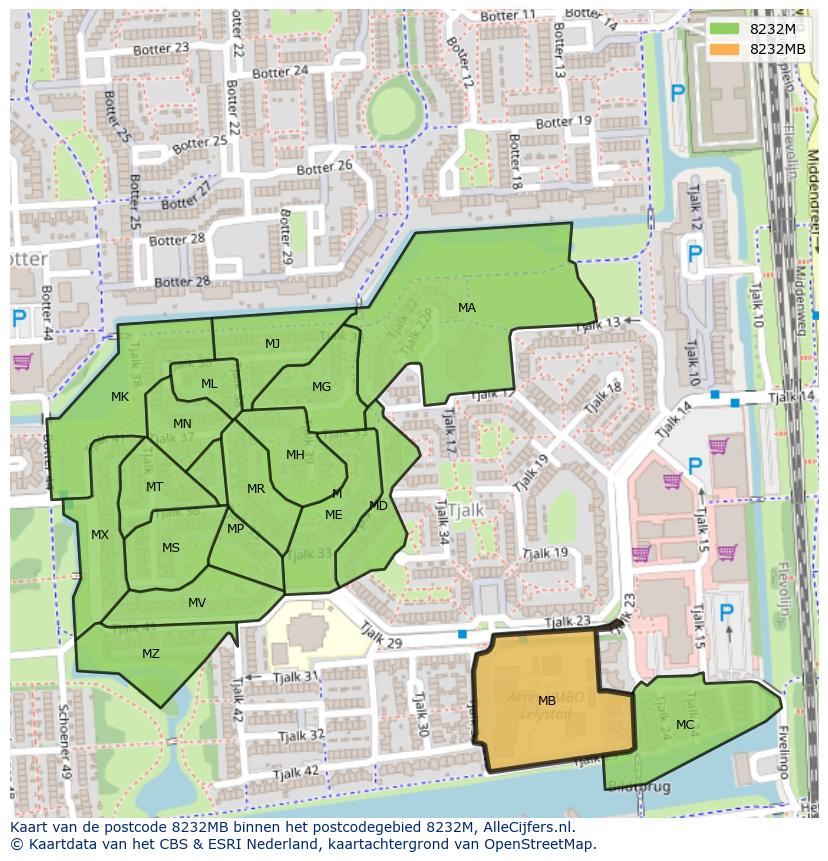 Afbeelding van het postcodegebied 8232 MB op de kaart.