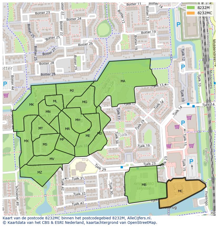 Afbeelding van het postcodegebied 8232 MC op de kaart.