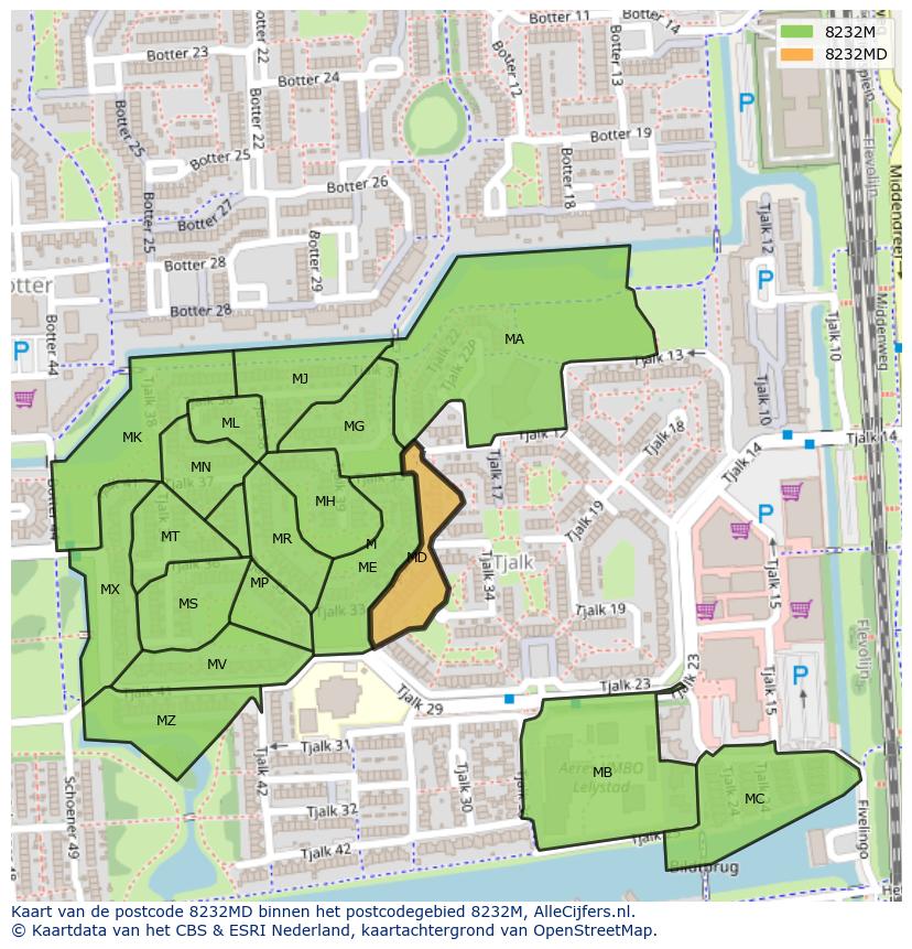 Afbeelding van het postcodegebied 8232 MD op de kaart.