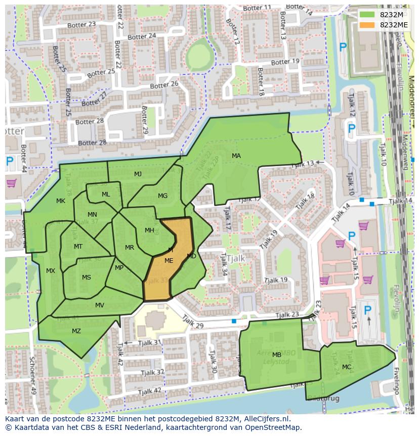 Afbeelding van het postcodegebied 8232 ME op de kaart.