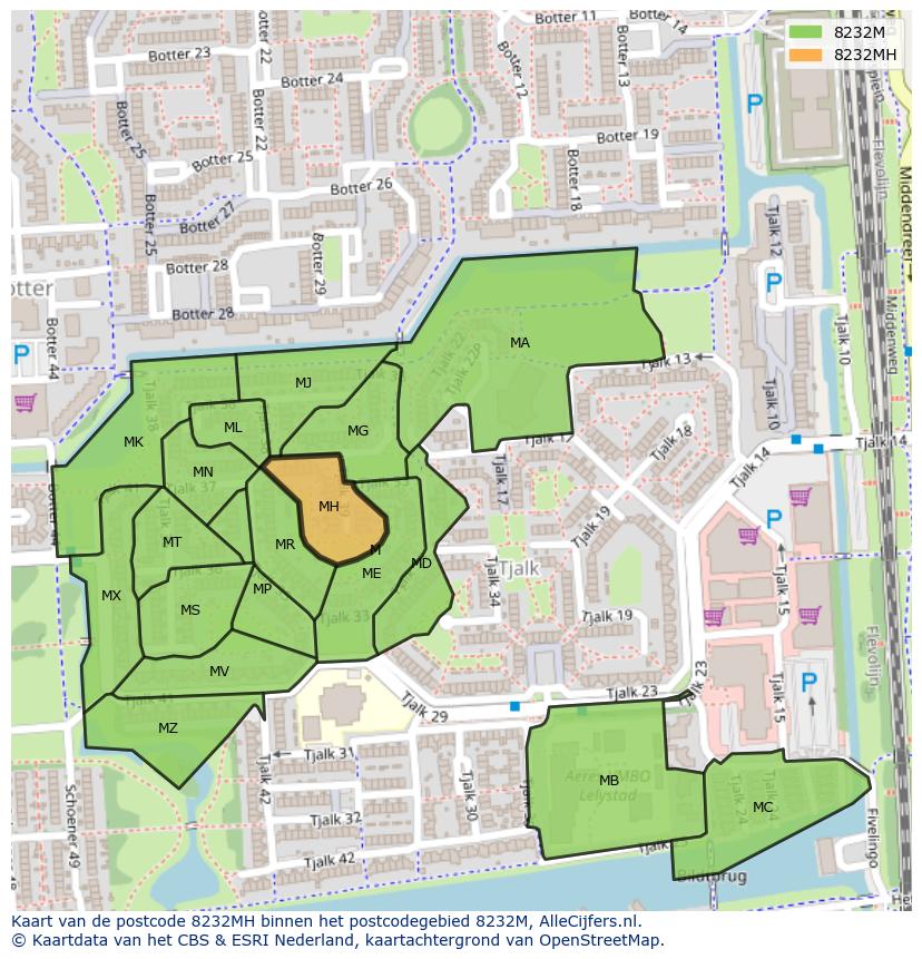 Afbeelding van het postcodegebied 8232 MH op de kaart.
