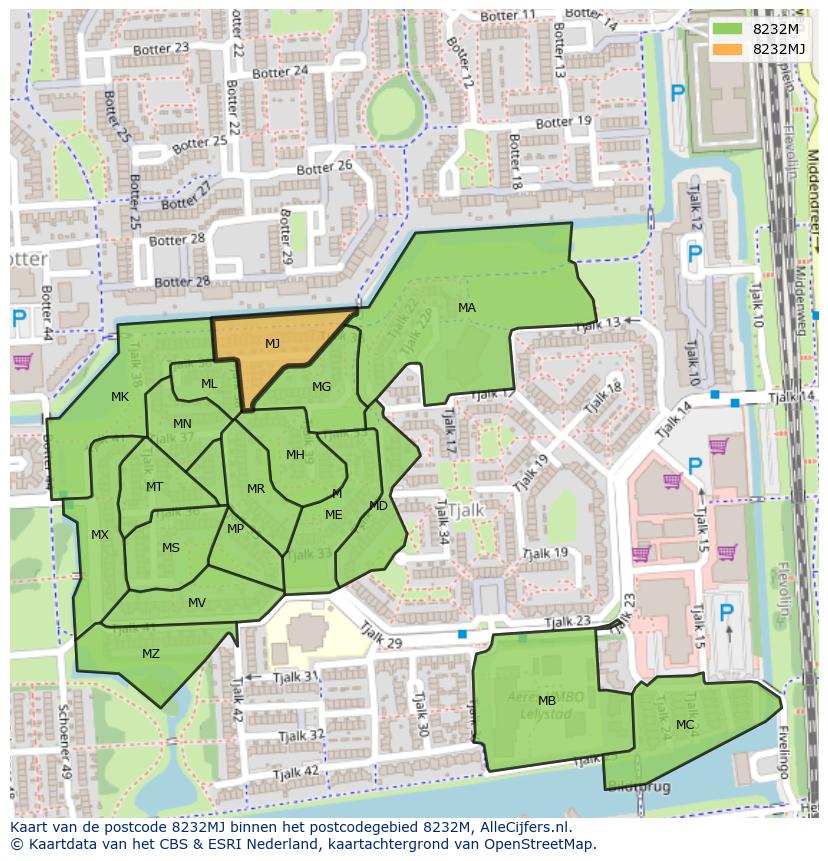 Afbeelding van het postcodegebied 8232 MJ op de kaart.