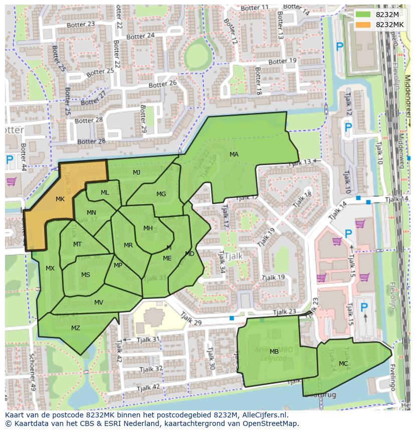 Afbeelding van het postcodegebied 8232 MK op de kaart.