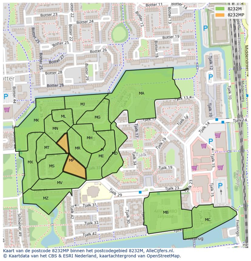 Afbeelding van het postcodegebied 8232 MP op de kaart.