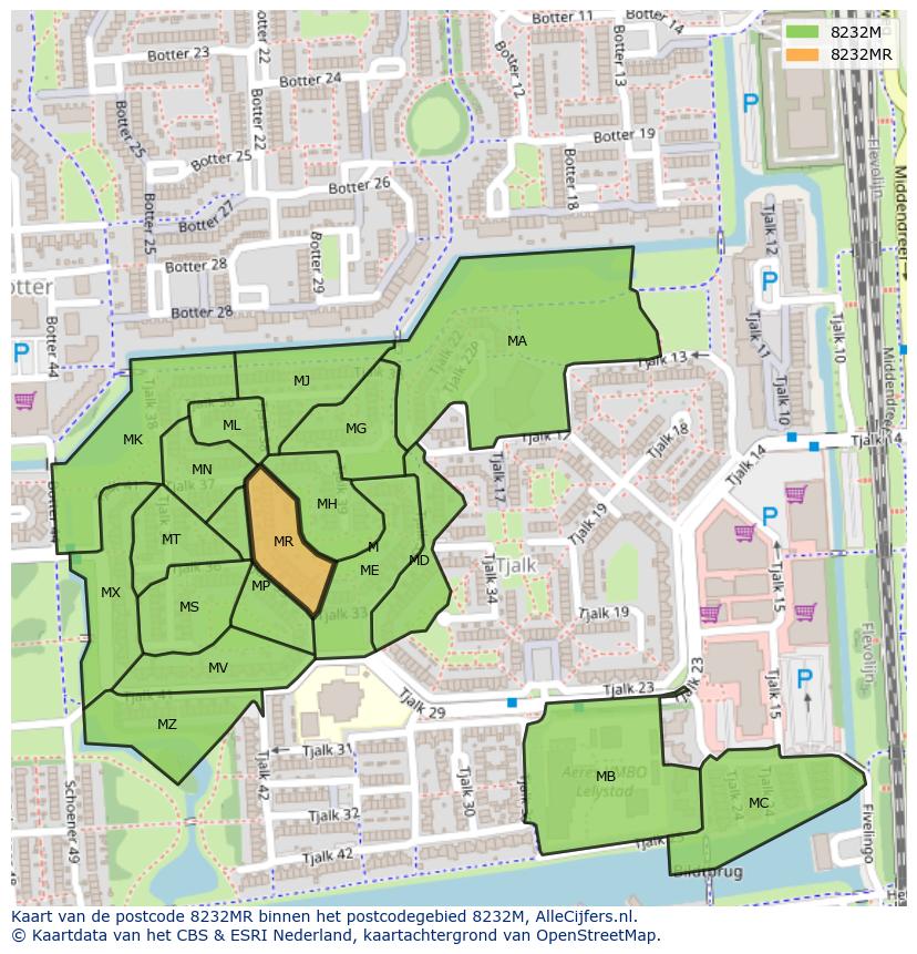 Afbeelding van het postcodegebied 8232 MR op de kaart.