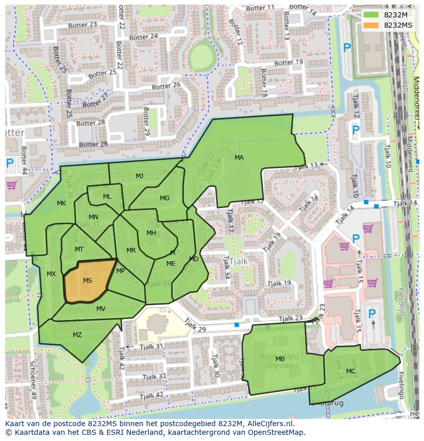 Afbeelding van het postcodegebied 8232 MS op de kaart.
