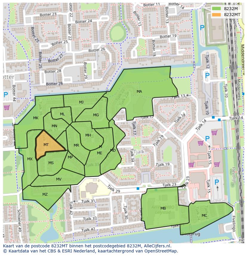 Afbeelding van het postcodegebied 8232 MT op de kaart.