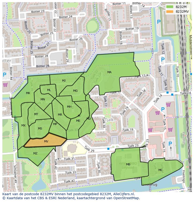 Afbeelding van het postcodegebied 8232 MV op de kaart.