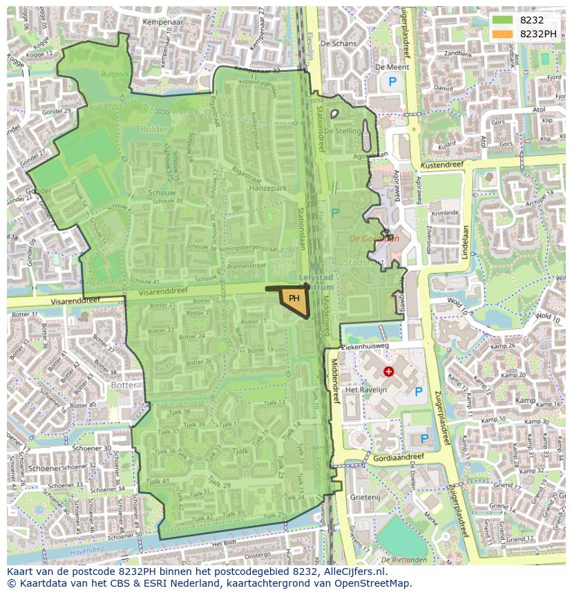 Afbeelding van het postcodegebied 8232 PH op de kaart.