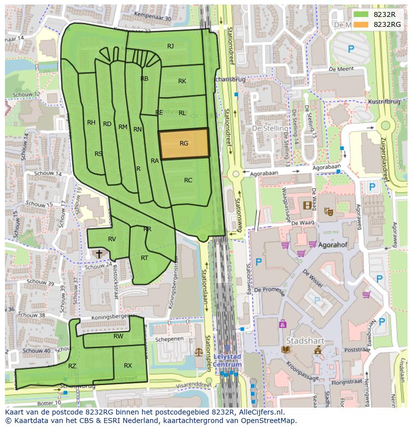 Afbeelding van het postcodegebied 8232 RG op de kaart.