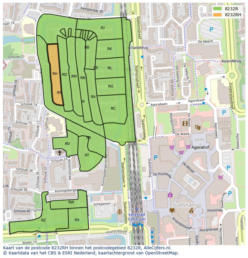 Afbeelding van het postcodegebied 8232 RH op de kaart.