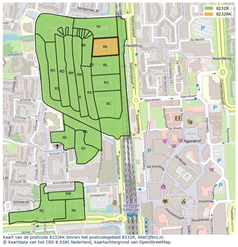 Afbeelding van het postcodegebied 8232 RK op de kaart.