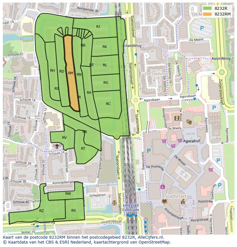Afbeelding van het postcodegebied 8232 RM op de kaart.