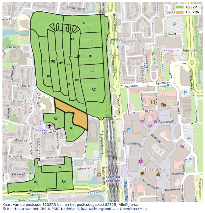 Afbeelding van het postcodegebied 8232 RR op de kaart.