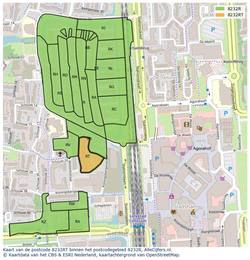 Afbeelding van het postcodegebied 8232 RT op de kaart.