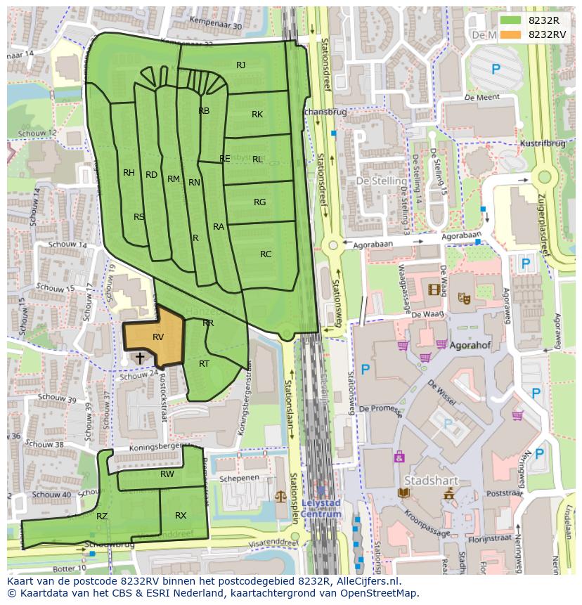 Afbeelding van het postcodegebied 8232 RV op de kaart.