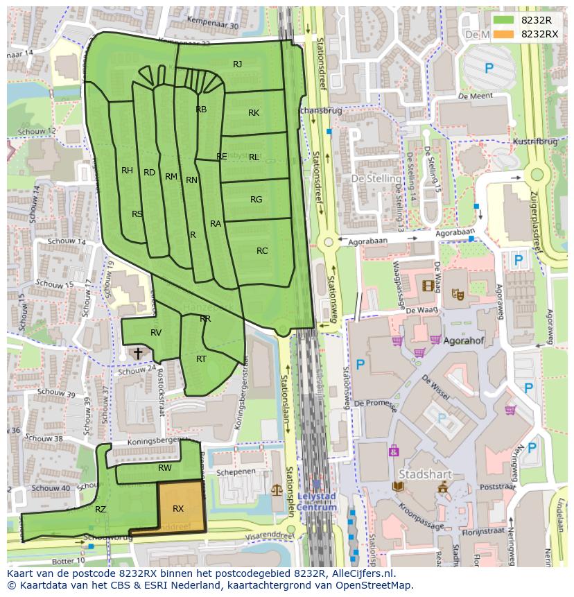 Afbeelding van het postcodegebied 8232 RX op de kaart.