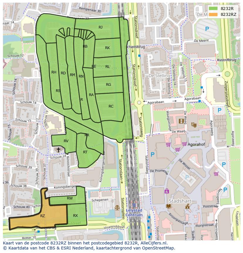 Afbeelding van het postcodegebied 8232 RZ op de kaart.
