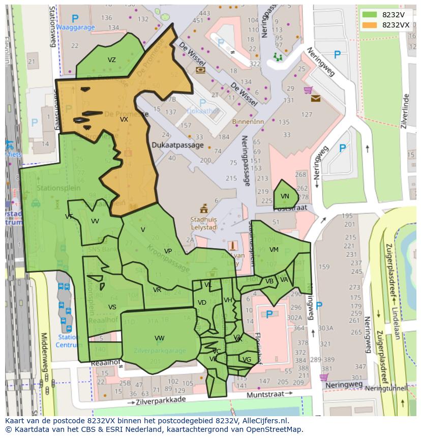 Afbeelding van het postcodegebied 8232 VX op de kaart.