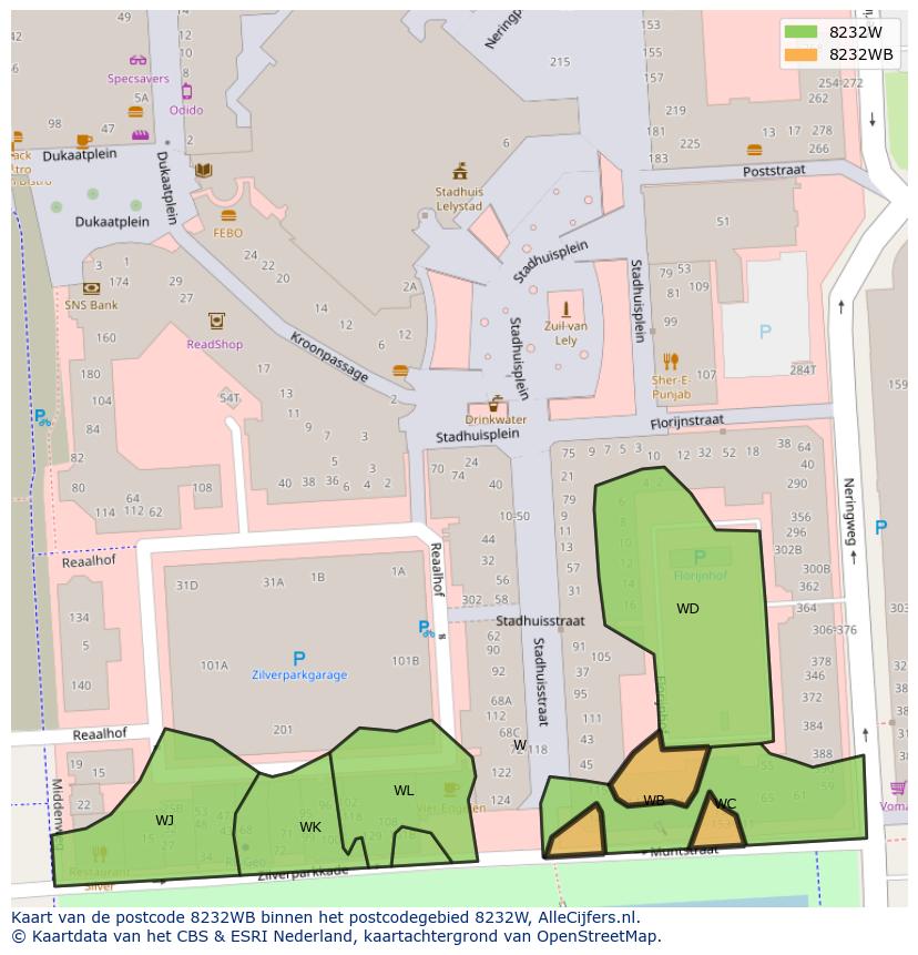 Afbeelding van het postcodegebied 8232 WB op de kaart.