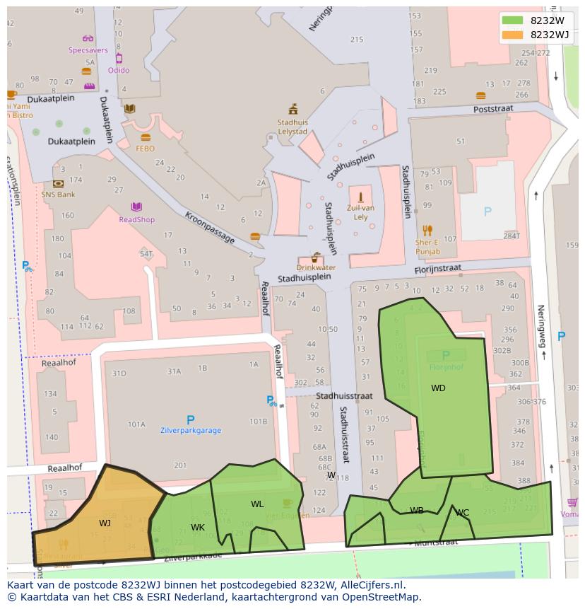 Afbeelding van het postcodegebied 8232 WJ op de kaart.