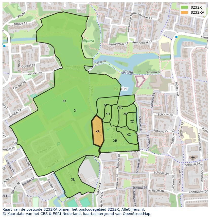 Afbeelding van het postcodegebied 8232 XA op de kaart.
