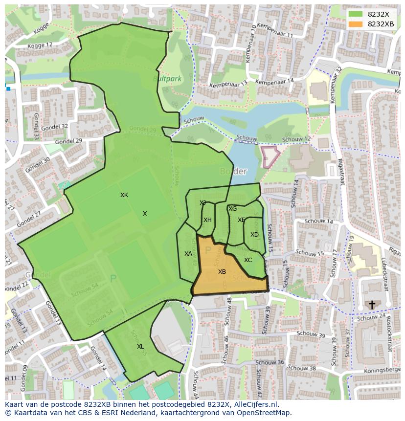 Afbeelding van het postcodegebied 8232 XB op de kaart.