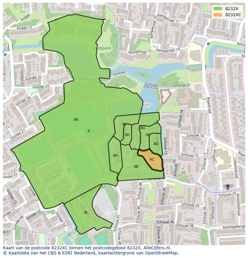 Afbeelding van het postcodegebied 8232 XC op de kaart.