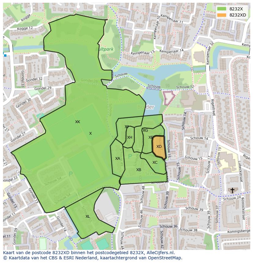 Afbeelding van het postcodegebied 8232 XD op de kaart.