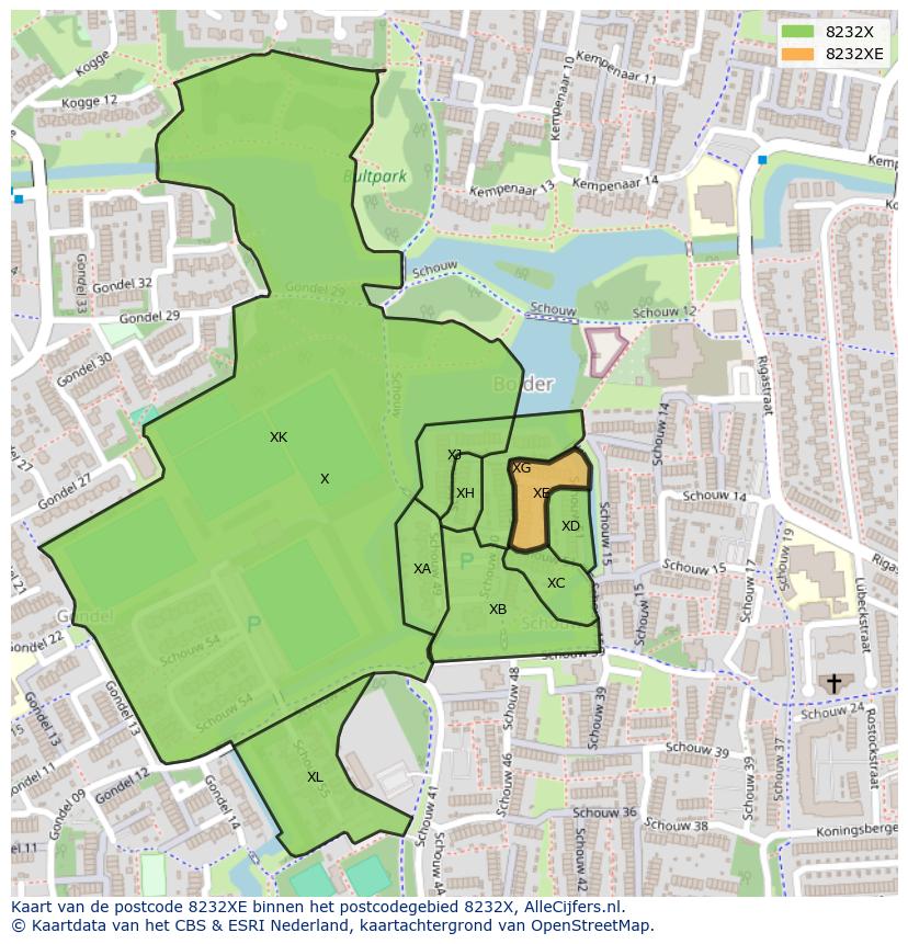 Afbeelding van het postcodegebied 8232 XE op de kaart.