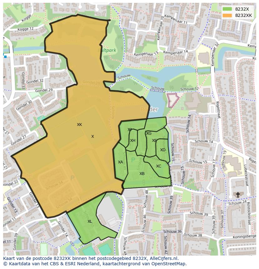 Afbeelding van het postcodegebied 8232 XK op de kaart.