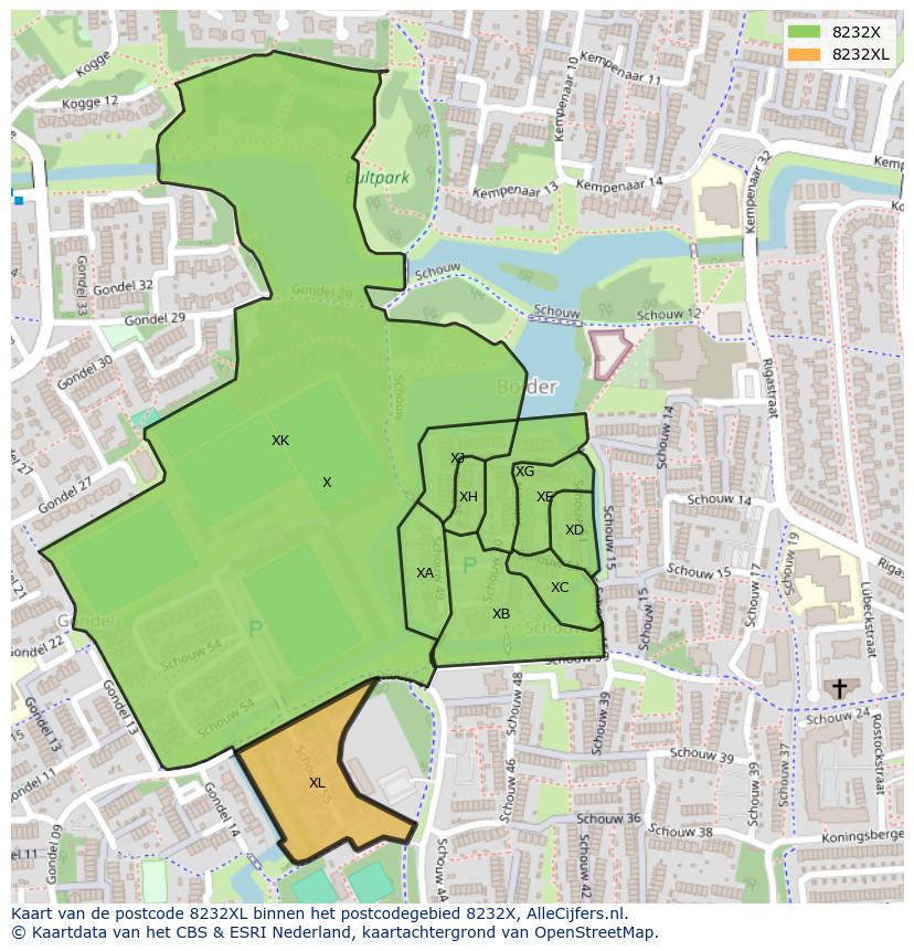 Afbeelding van het postcodegebied 8232 XL op de kaart.