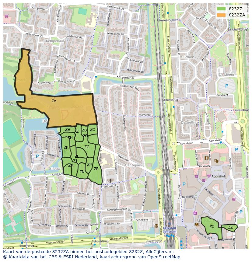 Afbeelding van het postcodegebied 8232 ZA op de kaart.