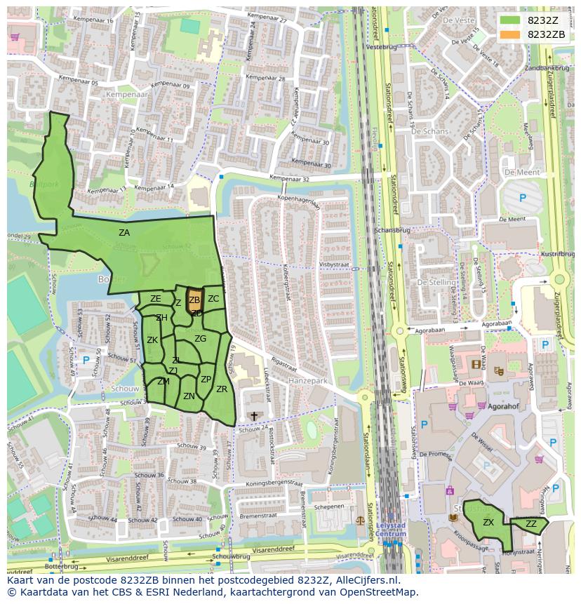 Afbeelding van het postcodegebied 8232 ZB op de kaart.