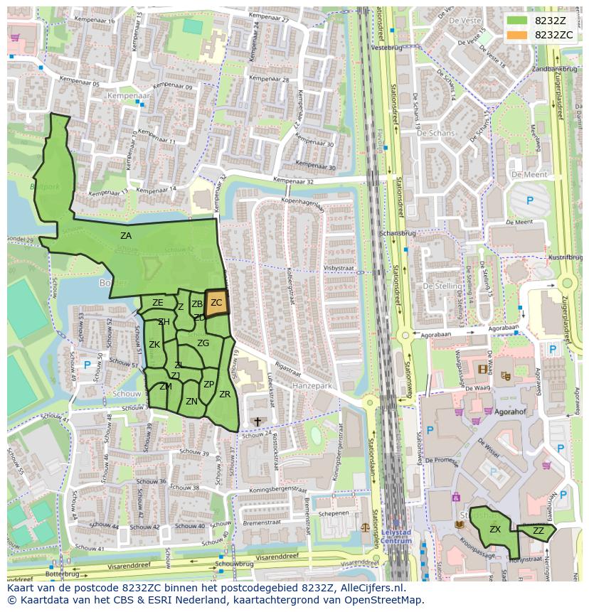 Afbeelding van het postcodegebied 8232 ZC op de kaart.