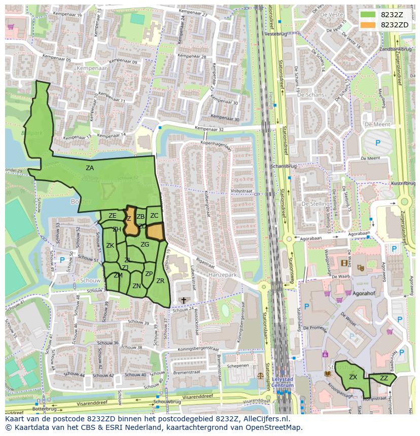Afbeelding van het postcodegebied 8232 ZD op de kaart.
