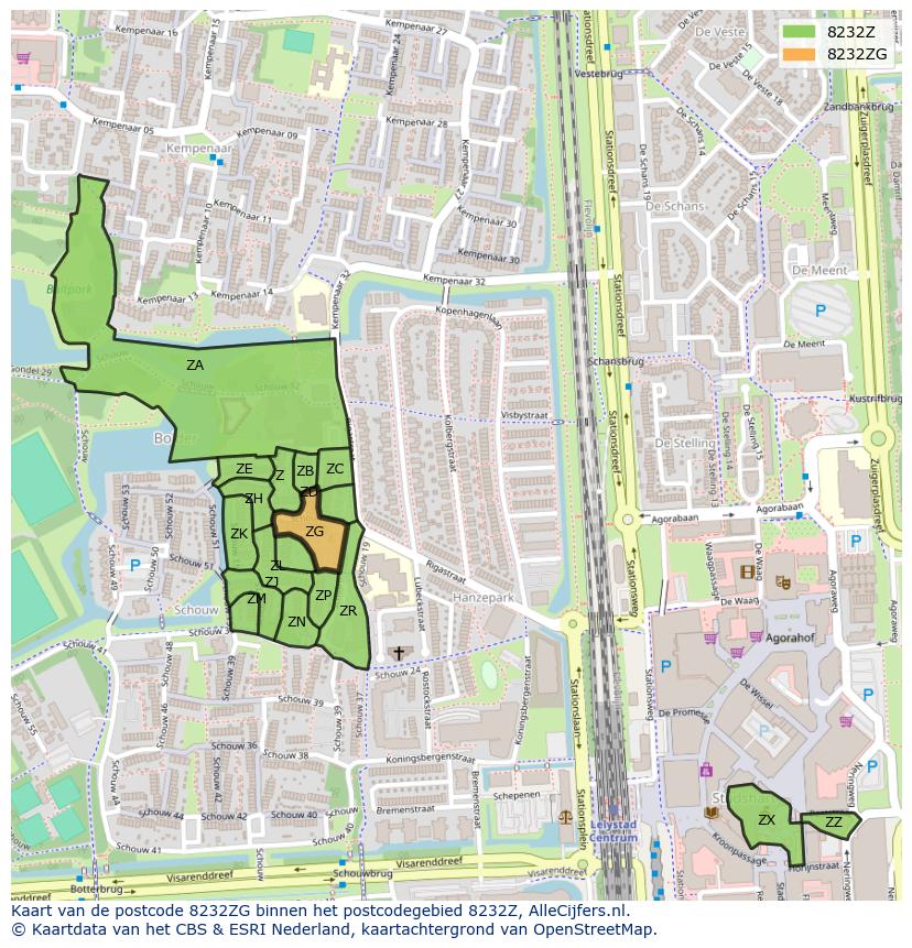 Afbeelding van het postcodegebied 8232 ZG op de kaart.