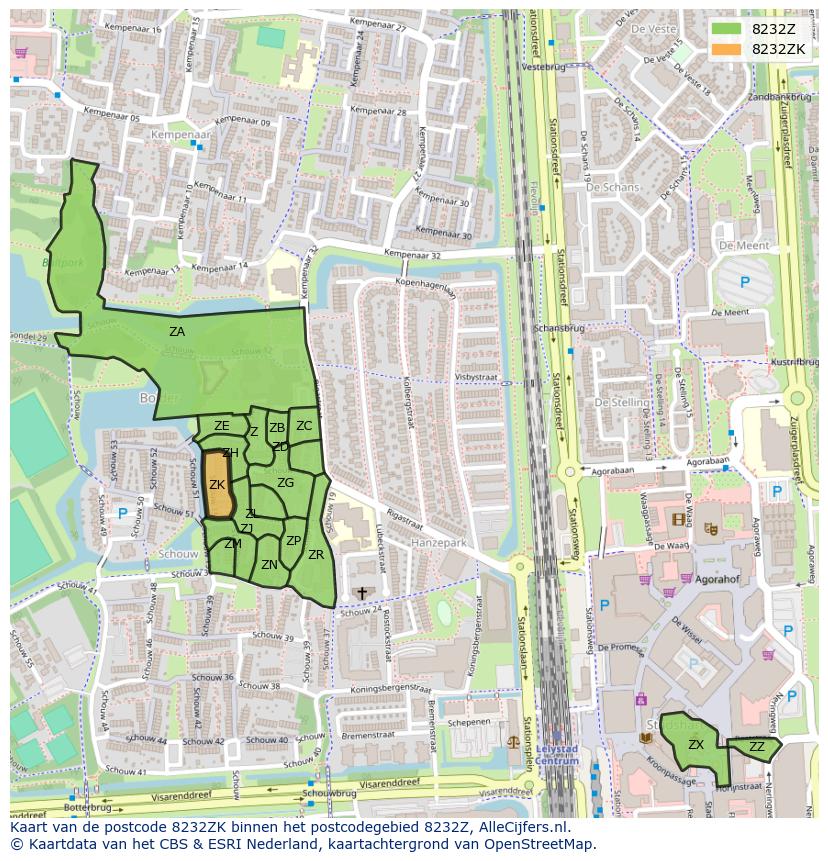 Afbeelding van het postcodegebied 8232 ZK op de kaart.