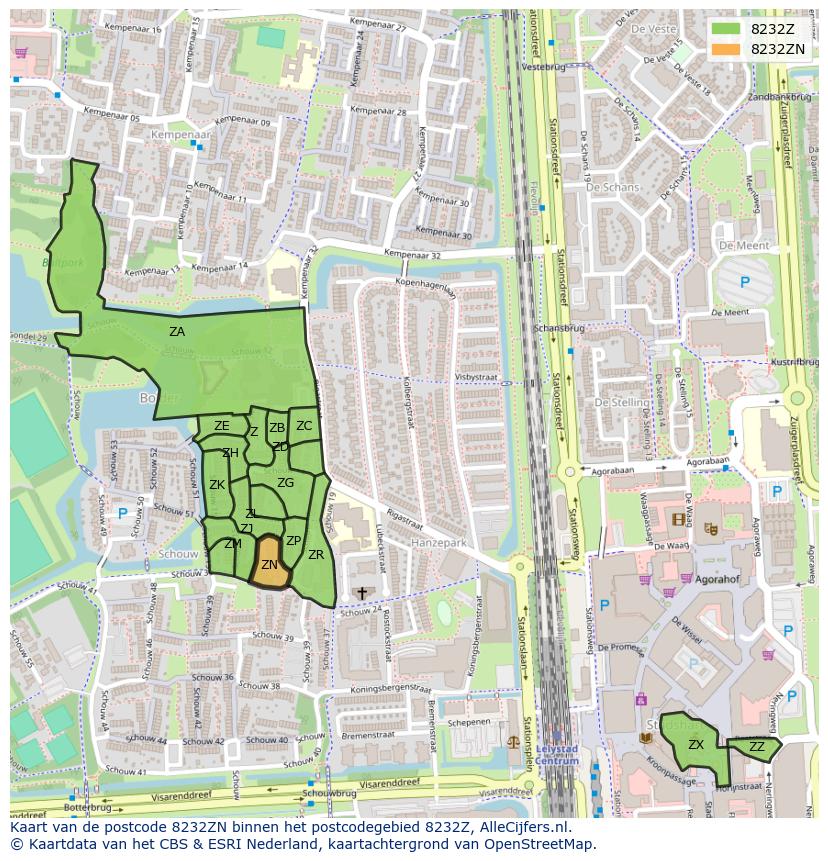Afbeelding van het postcodegebied 8232 ZN op de kaart.