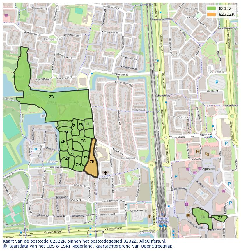 Afbeelding van het postcodegebied 8232 ZR op de kaart.